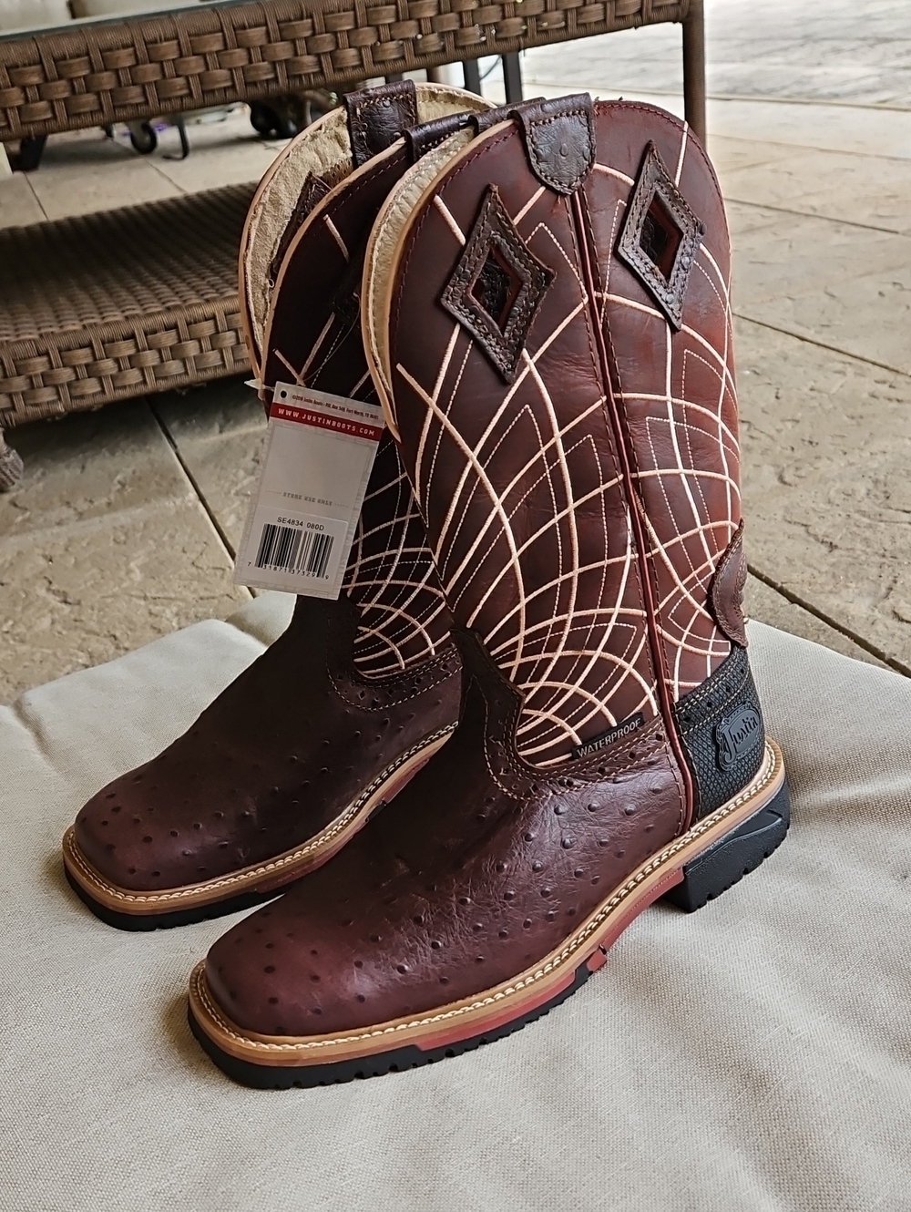 Justin Derrickman Waterproof Western Boots Comp Toe Walnut Brown Ostrich Print 8